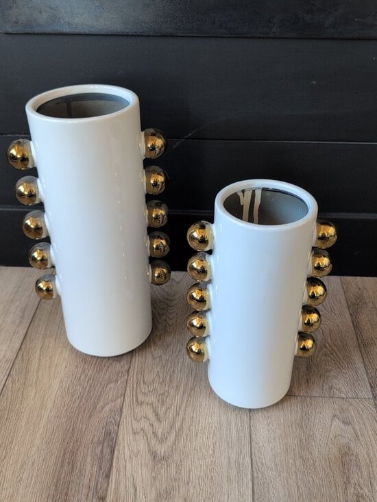 Other - Set Of 2 Ceramic White Cylindrical Decorative Vases With Gold Accents
